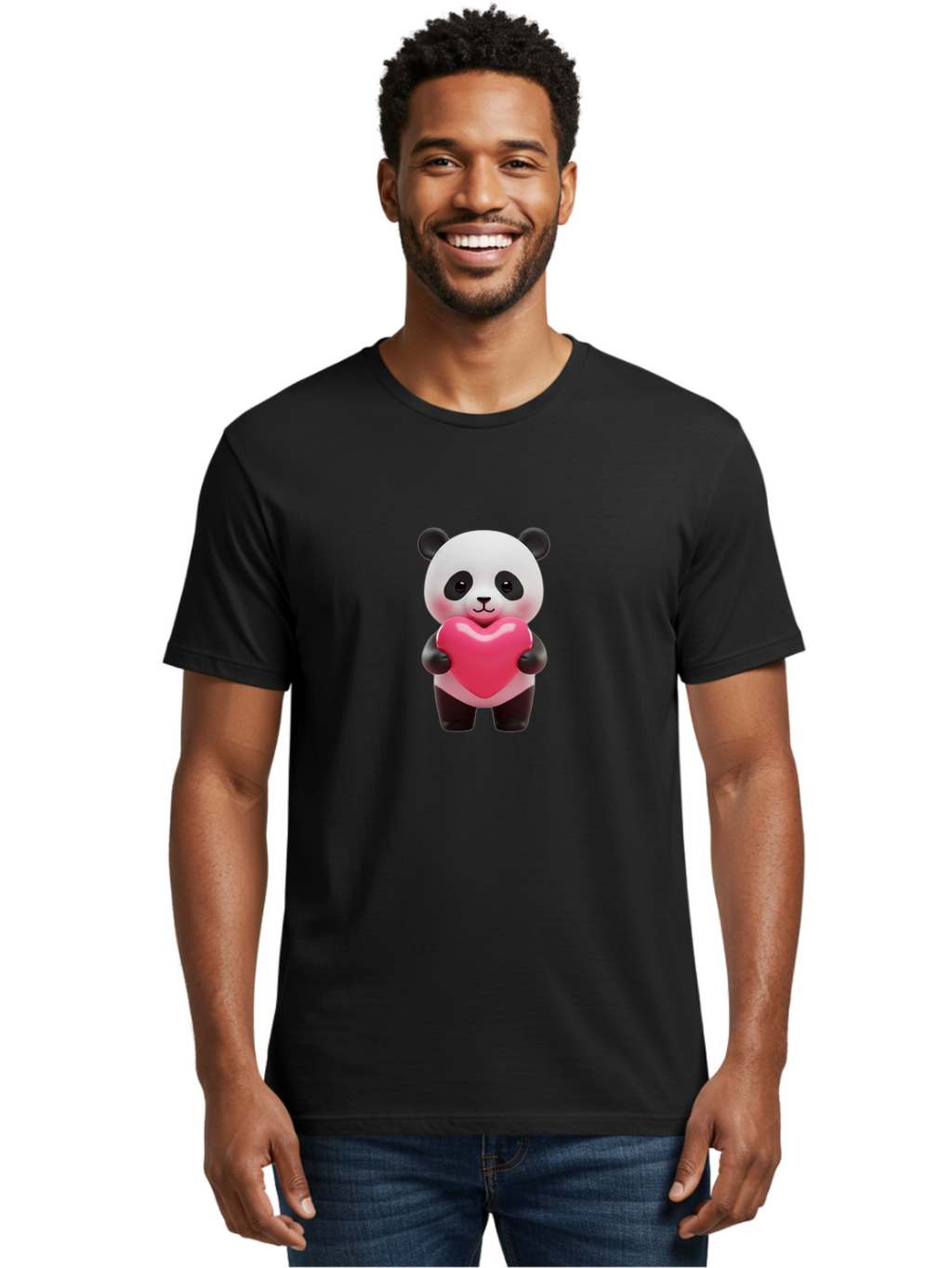 Panda-Hugging-Heart Men'S Graphic Tee, 100% Cotton, Comfortable Casual Summer Wear, Machine Washable, Cute Panda Holding Heart, Adorable Cartoon Character, Pink Heart Symbol, Love And Affection, Black And White Panda Bear, Bae602