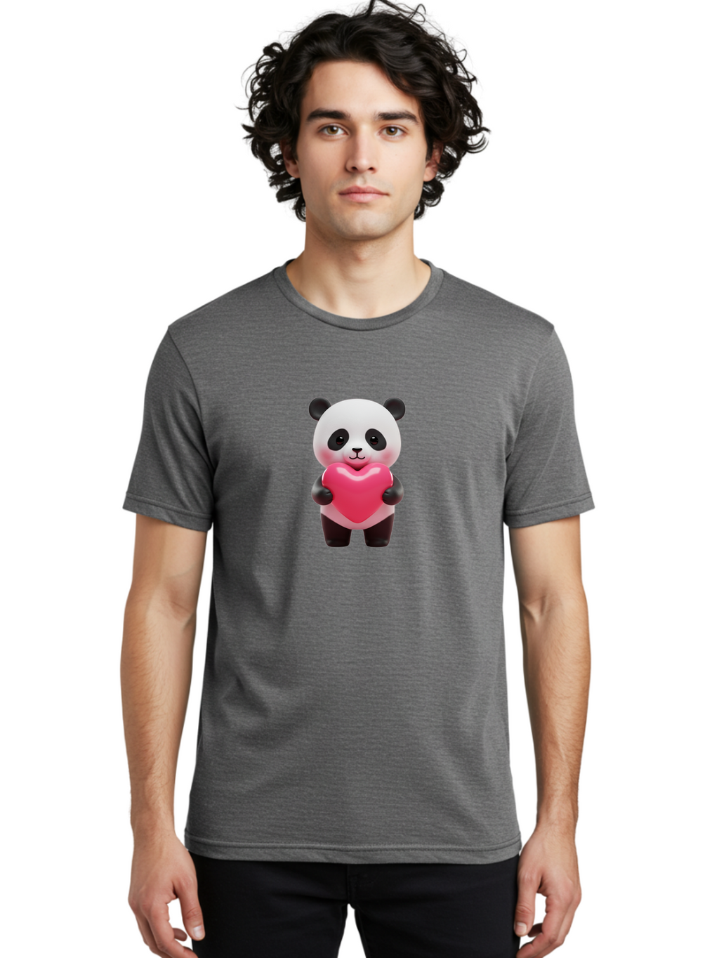 Panda-Hugging-Heart Men'S Graphic Tee, 100% Cotton, Comfortable Casual Summer Wear, Machine Washable, Cute Panda Holding Heart, Adorable Cartoon Character, Pink Heart Symbol, Love And Affection, Black And White Panda Bear, Bae602