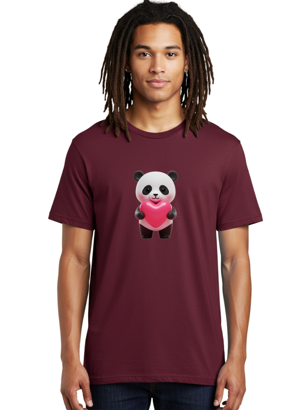 Panda-Hugging-Heart Men'S Graphic Tee, 100% Cotton, Comfortable Casual Summer Wear, Machine Washable, Cute Panda Holding Heart, Adorable Cartoon Character, Pink Heart Symbol, Love And Affection, Black And White Panda Bear, Bae602