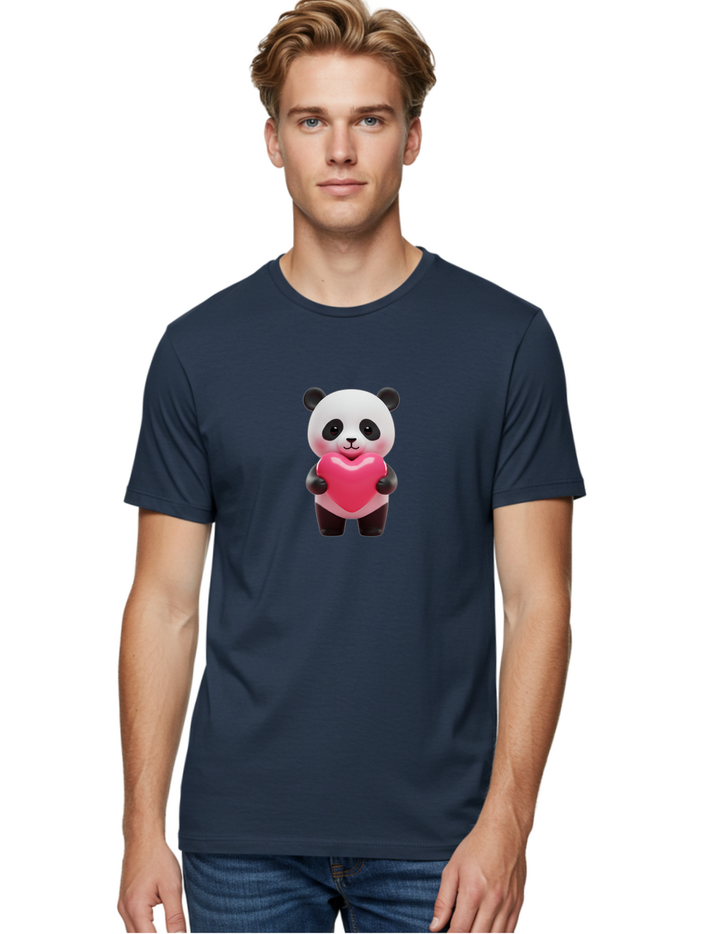 Panda-Hugging-Heart Men'S Graphic Tee, 100% Cotton, Comfortable Casual Summer Wear, Machine Washable, Cute Panda Holding Heart, Adorable Cartoon Character, Pink Heart Symbol, Love And Affection, Black And White Panda Bear, Bae602