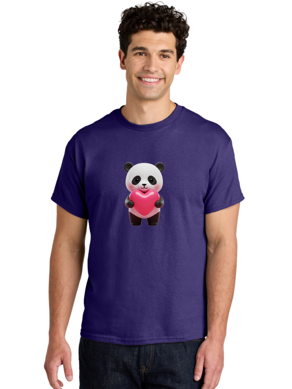 Panda-Hugging-Heart Men'S Graphic Tee, 100% Cotton, Comfortable Casual Summer Wear, Machine Washable, Cute Panda Holding Heart, Adorable Cartoon Character, Pink Heart Symbol, Love And Affection, Black And White Panda Bear, Bae602