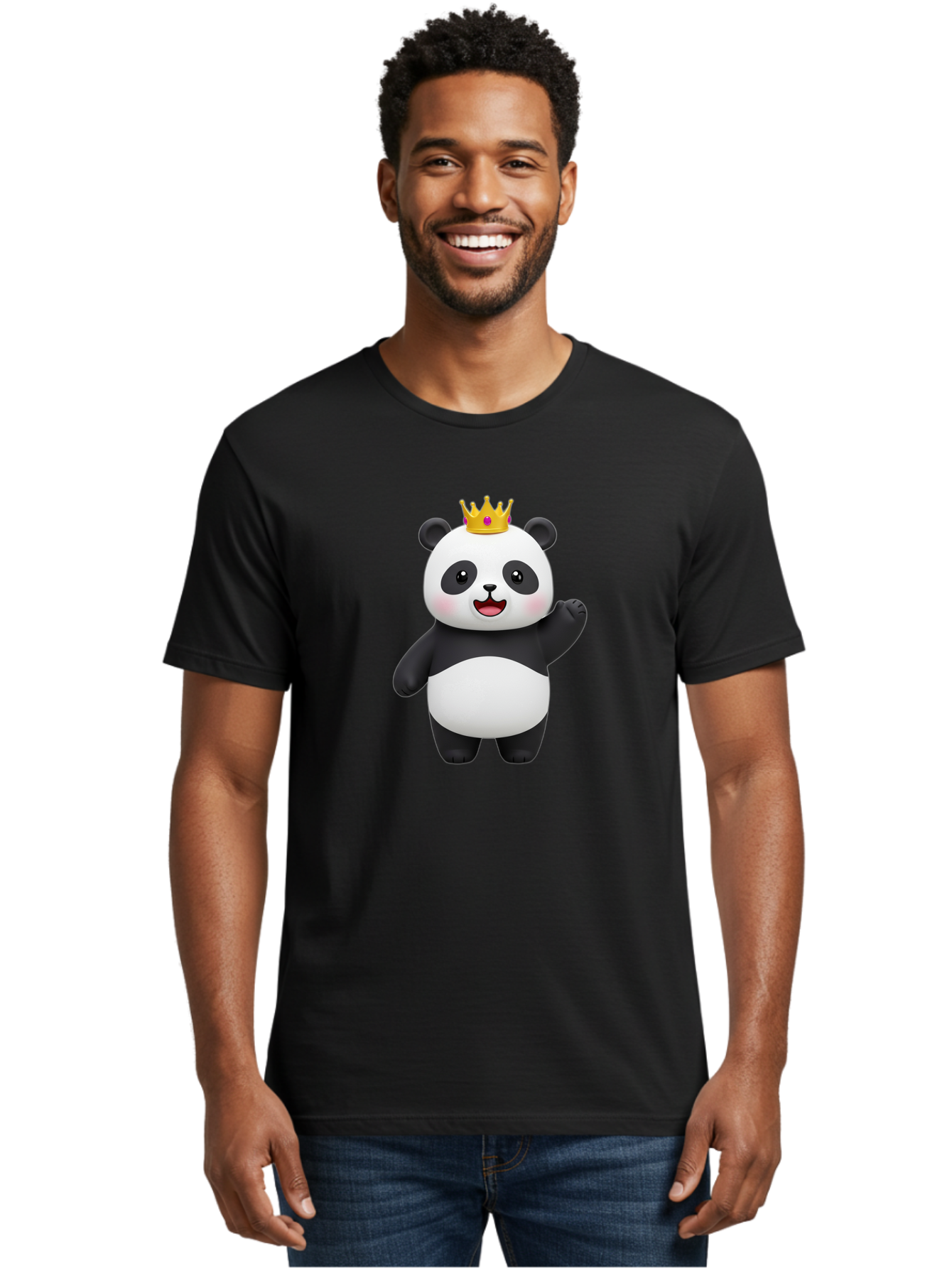 Panda-King Men'S Graphic Tee, 100% Cotton, Comfortable Casual Summer Wear, Machine Washable, Cartoon Panda Bear, Waving Gesture, Golden Crown, Royal Treatment, Cute Expression, Adorable Character, 3D Illustration, Panda With Crown, Bae603