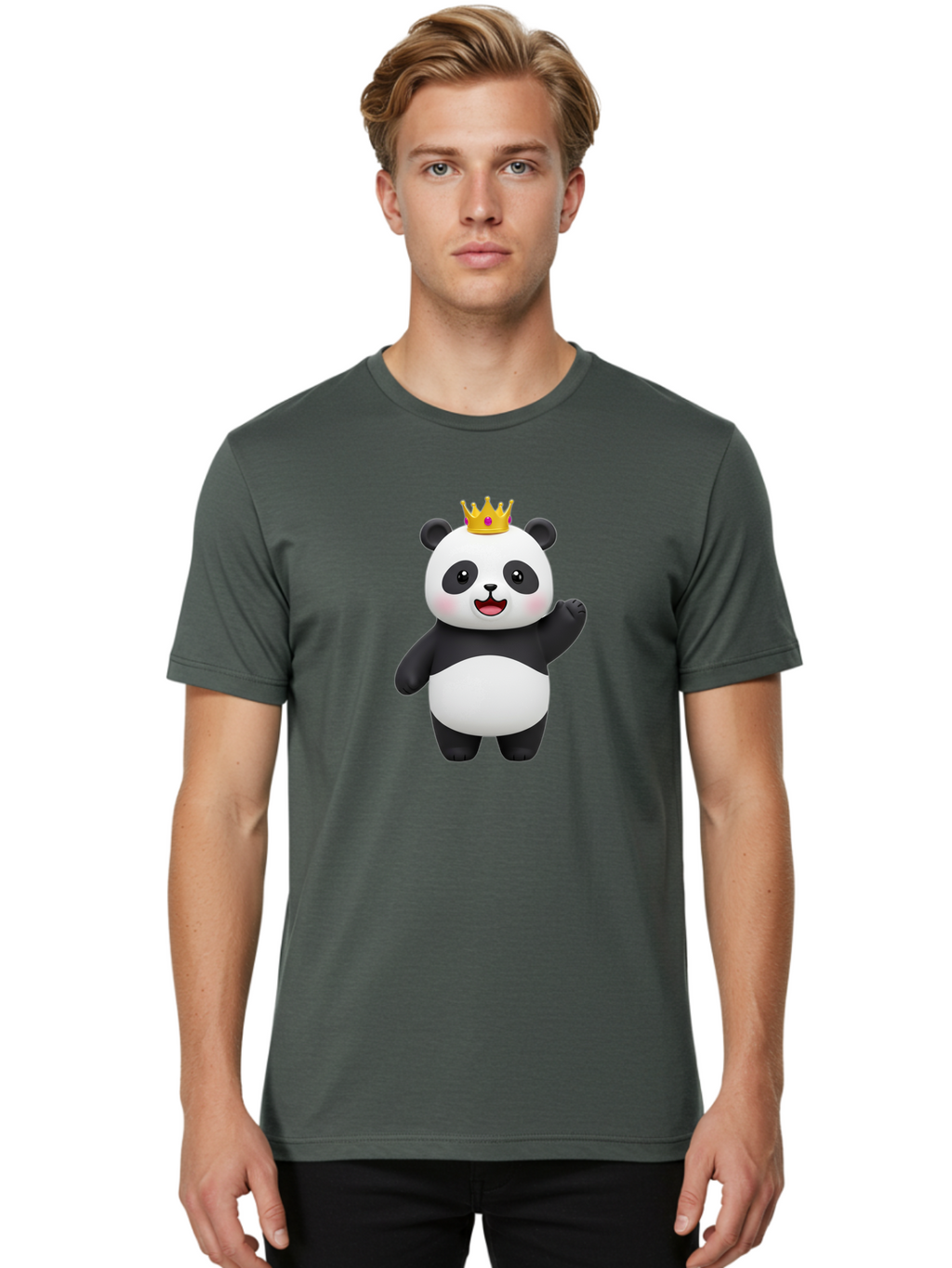 Panda-King Men'S Graphic Tee, 100% Cotton, Comfortable Casual Summer Wear, Machine Washable, Cartoon Panda Bear, Waving Gesture, Golden Crown, Royal Treatment, Cute Expression, Adorable Character, 3D Illustration, Panda With Crown, Bae603