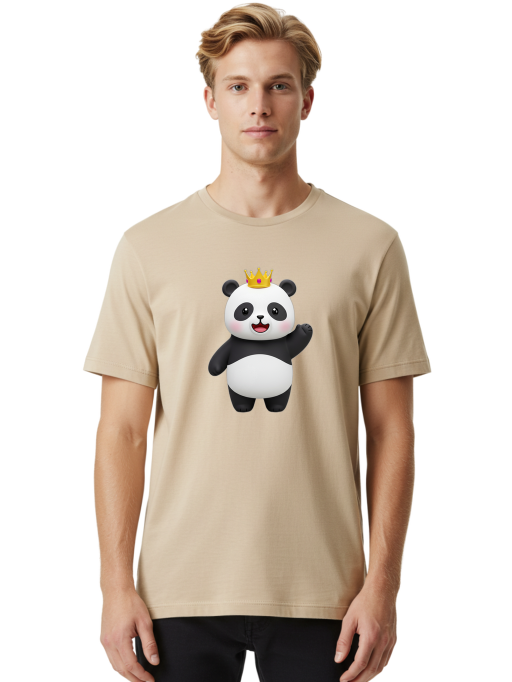 Panda-King Men'S Graphic Tee, 100% Cotton, Comfortable Casual Summer Wear, Machine Washable, Cartoon Panda Bear, Waving Gesture, Golden Crown, Royal Treatment, Cute Expression, Adorable Character, 3D Illustration, Panda With Crown, Bae603