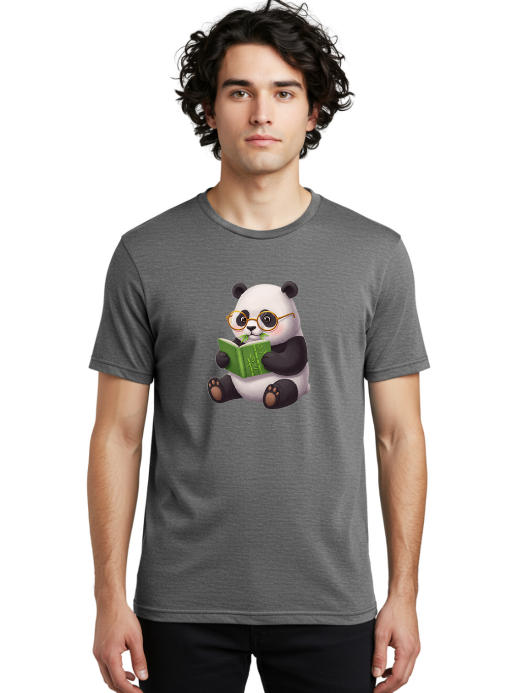 Panda-Reading Men'S Graphic Tee, 100% Cotton, Comfortable Casual Summer Wear, Machine Washable, Cartoon Panda, Reading A Book, Glasses, Cute Animal, Bamboo, Playful Illustration, Relaxed Atmosphere, Fun Character, Adorable Bae604