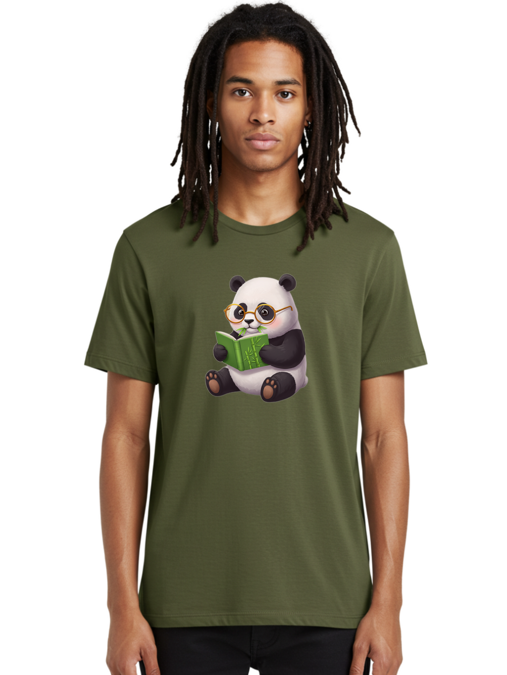Panda-Reading Men'S Graphic Tee, 100% Cotton, Comfortable Casual Summer Wear, Machine Washable, Cartoon Panda, Reading A Book, Glasses, Cute Animal, Bamboo, Playful Illustration, Relaxed Atmosphere, Fun Character, Adorable Bae604
