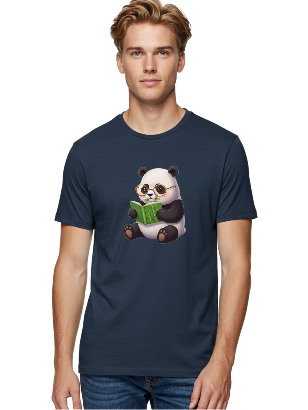 Panda-Reading Men'S Graphic Tee, 100% Cotton, Comfortable Casual Summer Wear, Machine Washable, Cartoon Panda, Reading A Book, Glasses, Cute Animal, Bamboo, Playful Illustration, Relaxed Atmosphere, Fun Character, Adorable Bae604