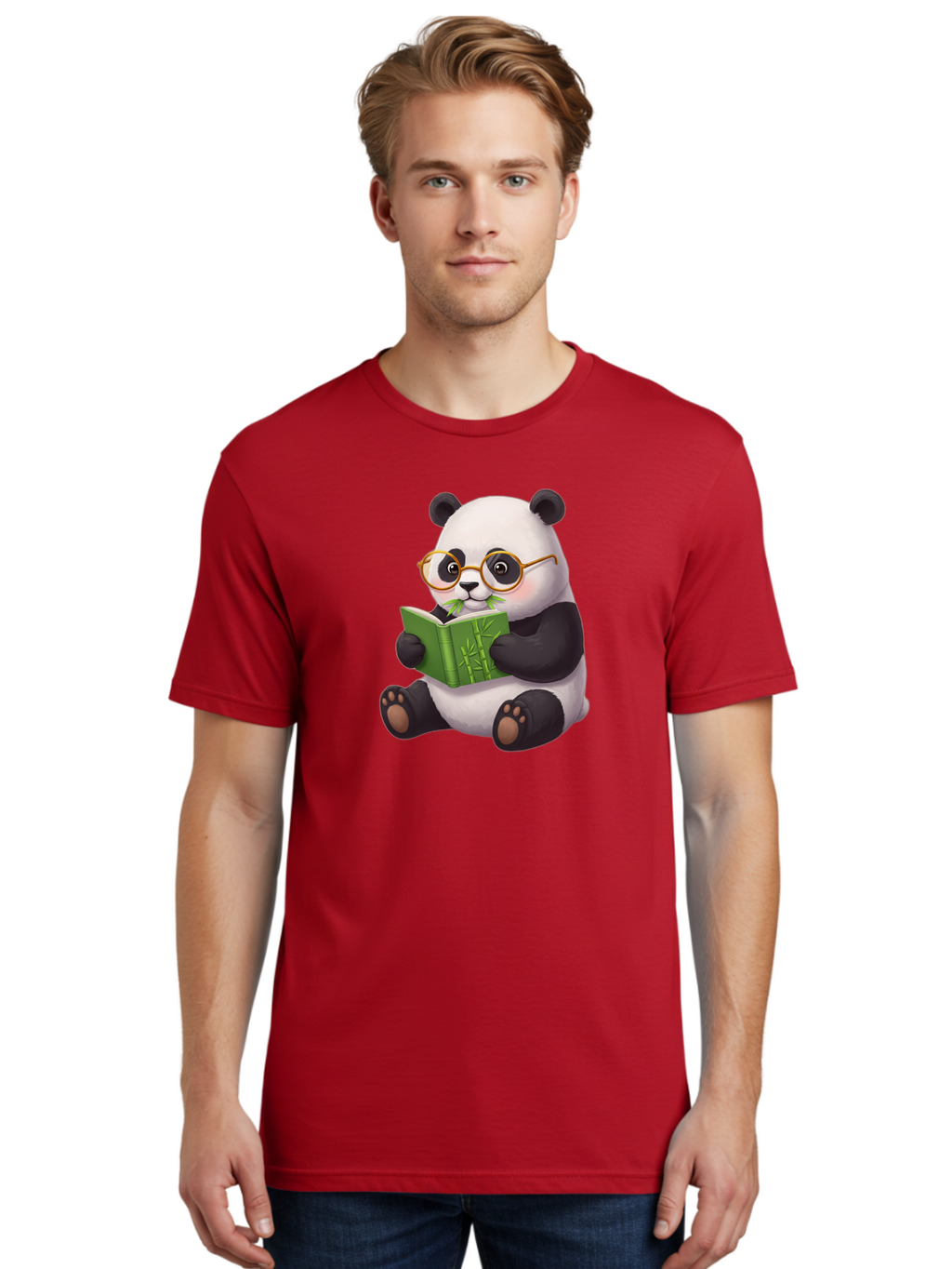 Panda-Reading Men'S Graphic Tee, 100% Cotton, Comfortable Casual Summer Wear, Machine Washable, Cartoon Panda, Reading A Book, Glasses, Cute Animal, Bamboo, Playful Illustration, Relaxed Atmosphere, Fun Character, Adorable Bae604