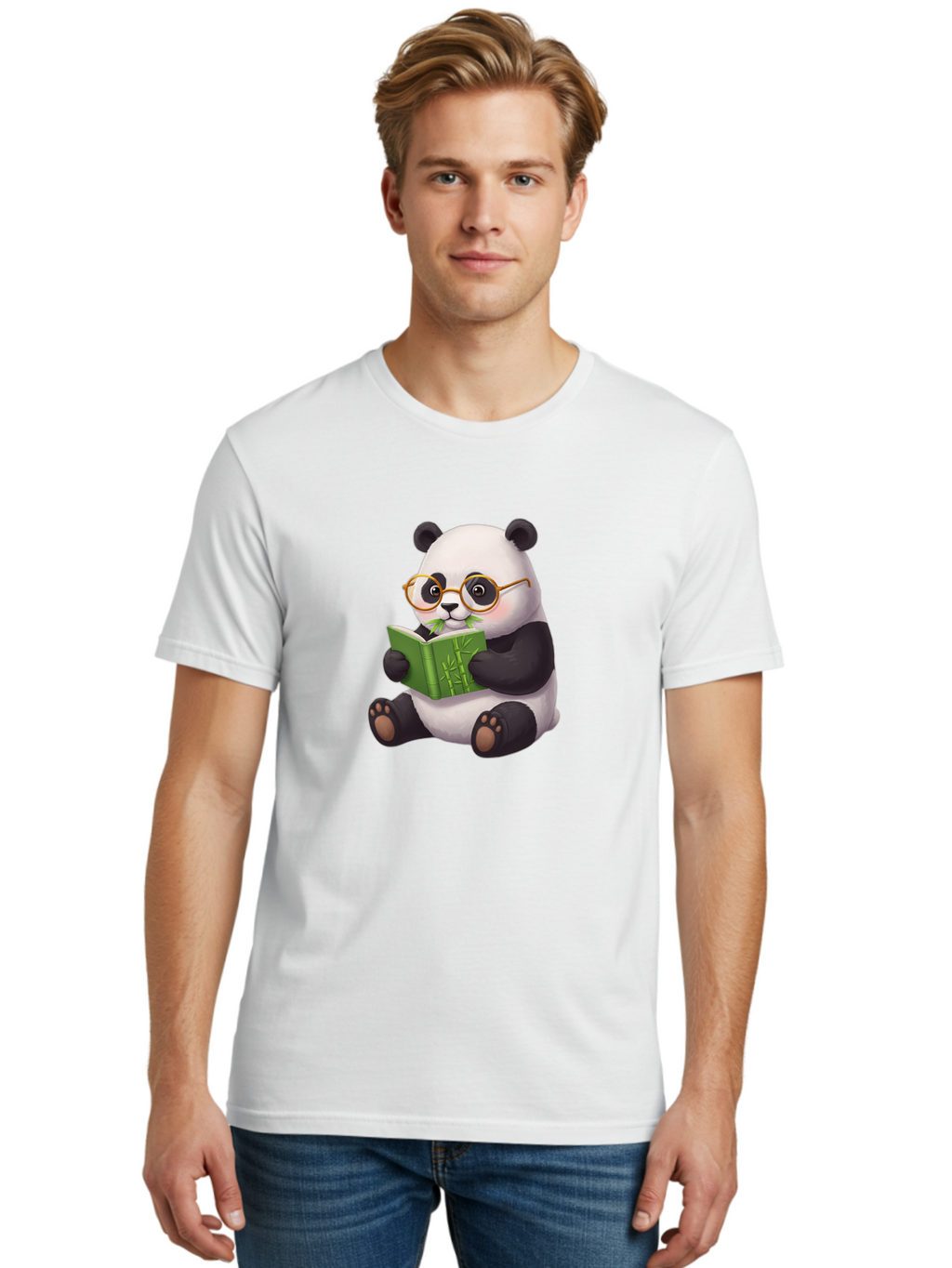 Panda-Reading Men'S Graphic Tee, 100% Cotton, Comfortable Casual Summer Wear, Machine Washable, Cartoon Panda, Reading A Book, Glasses, Cute Animal, Bamboo, Playful Illustration, Relaxed Atmosphere, Fun Character, Adorable Bae604