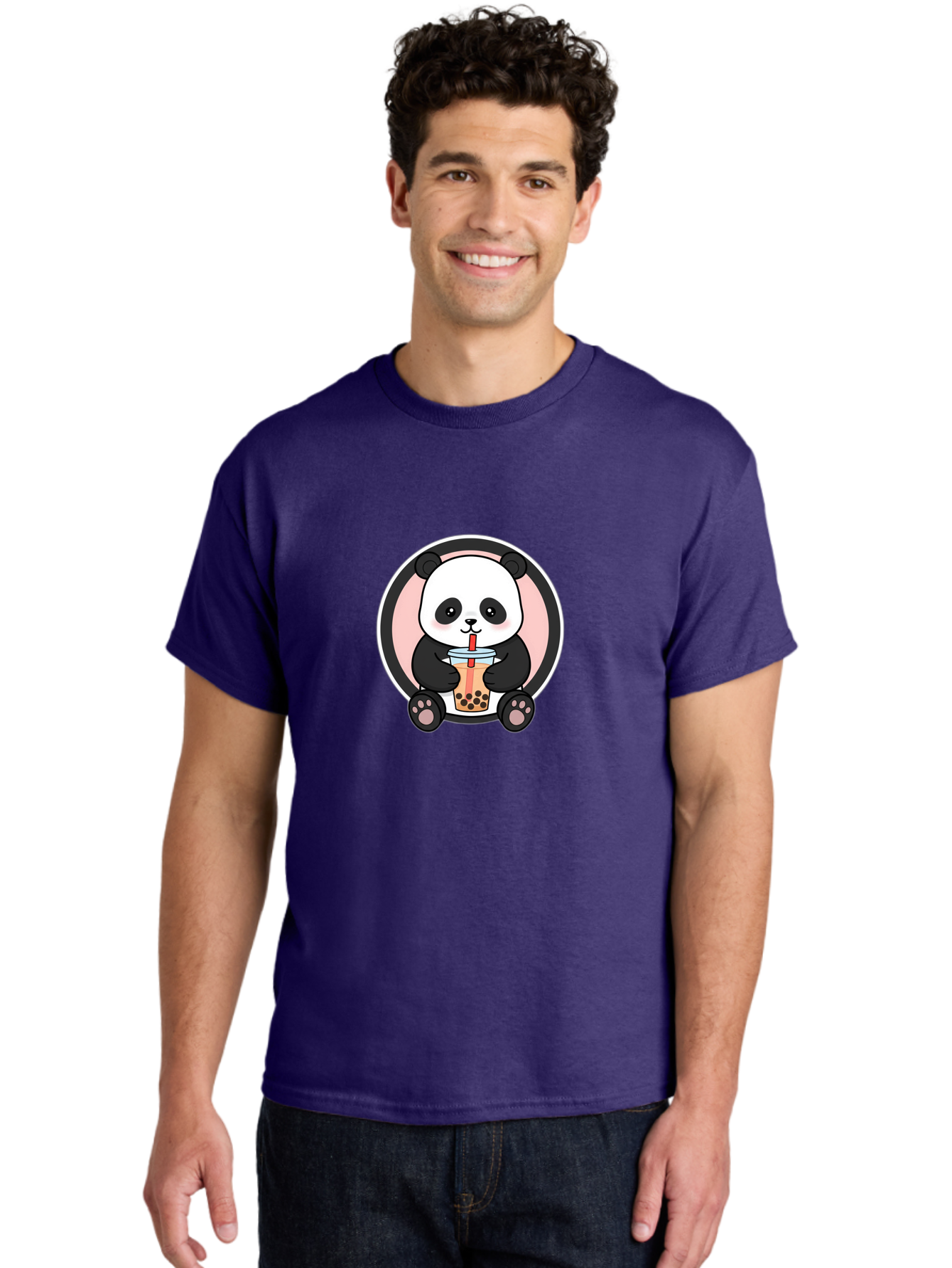 Panda-Sipping-Bubble-Tea Men'S Graphic Tee, 100% Cotton, Comfortable Casual Summer Wear, Machine Washable, Cartoon Panda, Dj Headphones, Bubble Tea, Milk Tea, Boba Drink, Kawaii Character, Cute Animal, Fun Design, Playful Illustration, Bae605
