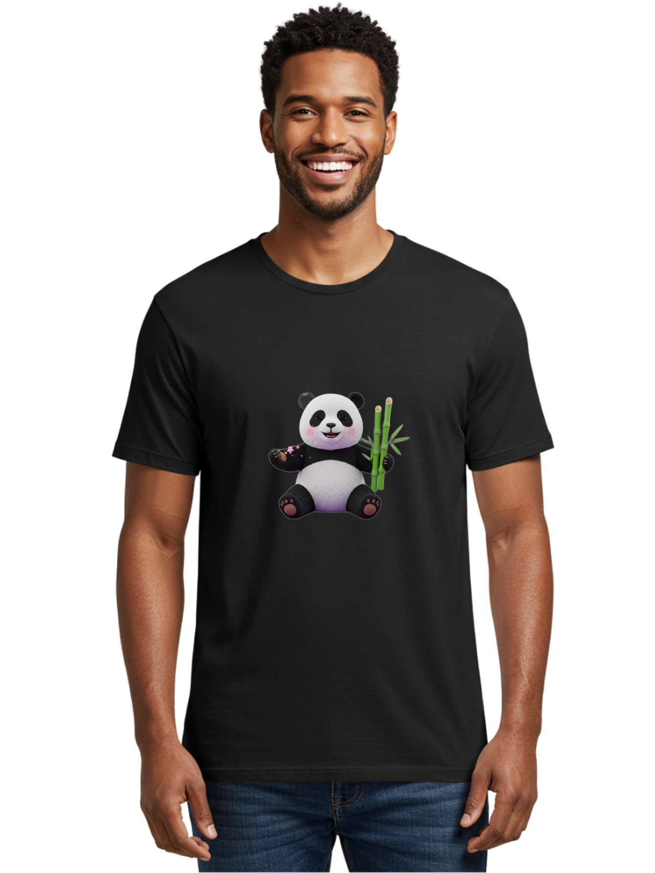 Panda-With-Bamboo-1 Men'S Graphic Tee, 100% Cotton, Comfortable Casual Summer Wear, Machine Washable, Cartoon Panda, Adorable Bear, Black And White Fur, Cute Expression, Bamboo Shoots, Sushi Roll, Funny Character, Playful Design, Kawaii Style Bae606
