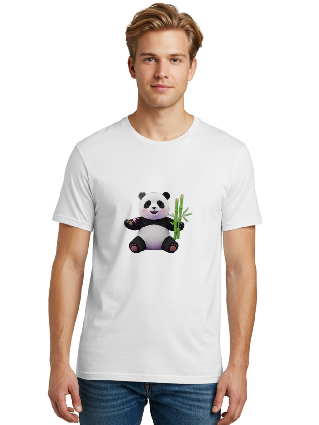Panda-With-Bamboo-1 Men'S Graphic Tee, 100% Cotton, Comfortable Casual Summer Wear, Machine Washable, Cartoon Panda, Adorable Bear, Black And White Fur, Cute Expression, Bamboo Shoots, Sushi Roll, Funny Character, Playful Design, Kawaii Style Bae606