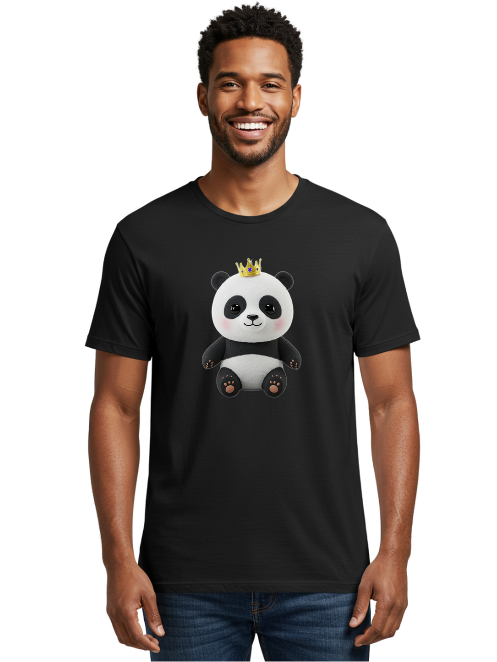 Panda-With-Crown-1 Men'S Graphic Tee, 100% Cotton, Comfortable Casual Summer Wear, Machine Washable, Cute Panda Bear, Plush Toy, Crown On Head, Adorable Face, Soft Toy, Black And White Panda, Crown Jewel, Royal Treatment, Baby Panda, Bae608