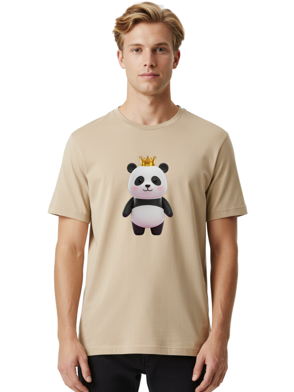 Panda-With-Crown Men'S Graphic Tee, 100% Cotton, Comfortable Casual Summer Wear, Machine Washable, Cute Panda Bear, Cartoon Character, Golden Crown, Kawaii, Adorable, Stuffed Animal, Plush Toy, Royalty, Regal, Black And White Bae616