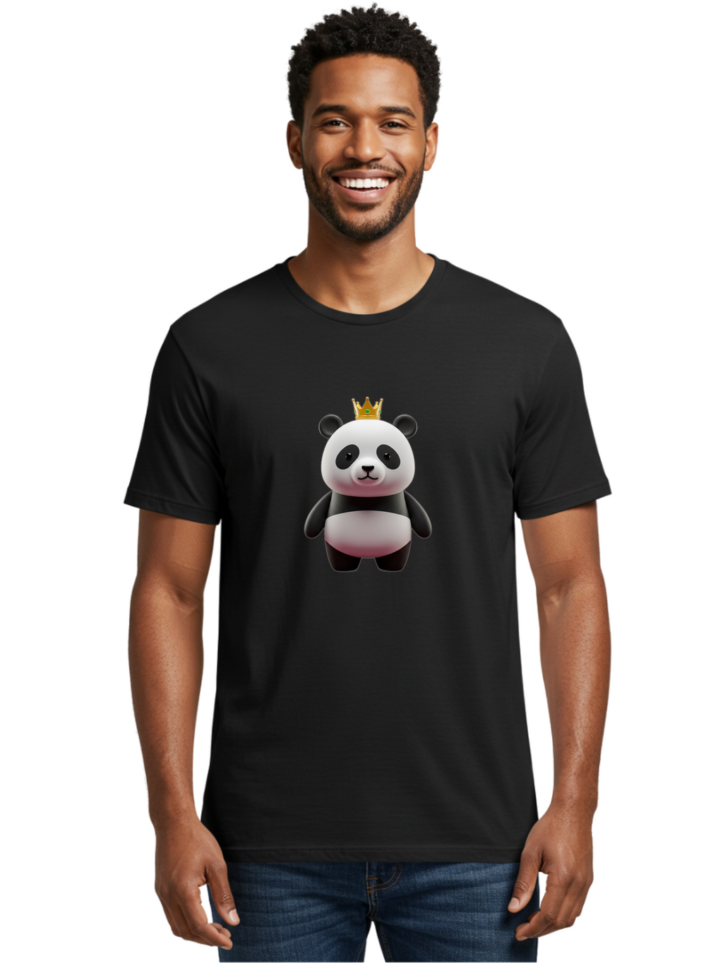 Panda-With-Gold-Crown Men'S Graphic Tee, 100% Cotton, Comfortable Casual Summer Wear, Machine Washable, Cartoon Panda, Panda Bear, Cute Animal, Crown On Head, Royal Treatment, Adorable Creature, Funny Character, 3D Illustration, Bae618
