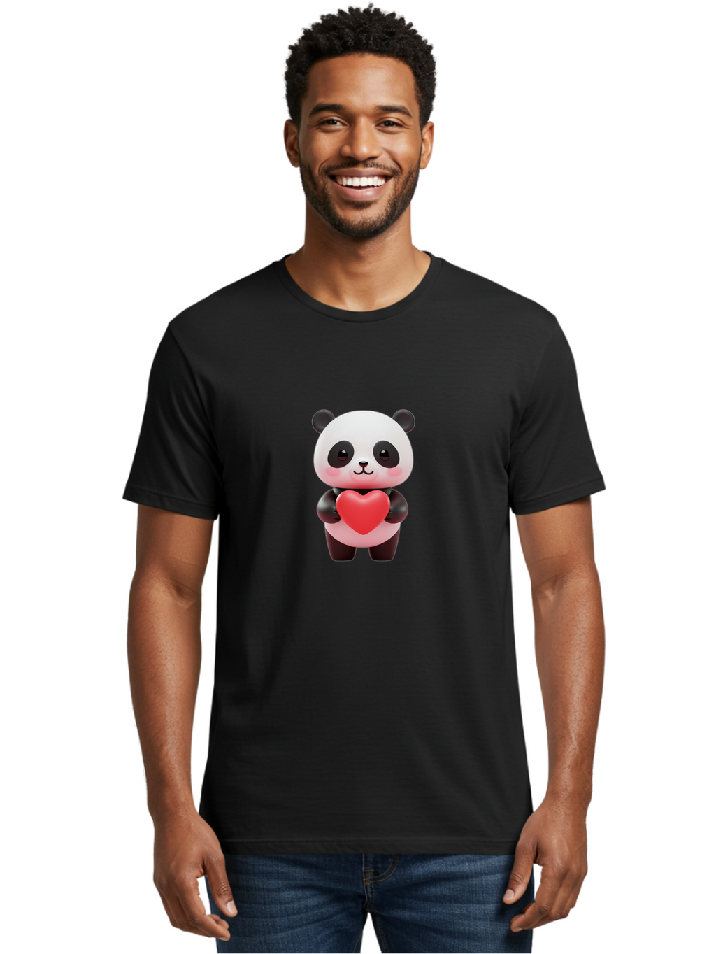 Panda-With-Heart-1 Men'S Graphic Tee, 100% Cotton, Comfortable Casual Summer Wear, Machine Washable, Cartoon Panda, Red Heart, Cute Animal, Love Symbol, Adorable Character, 3D Illustration, Panda Bear, Heart Shape, Love Expression, Kawaii Art Bae619