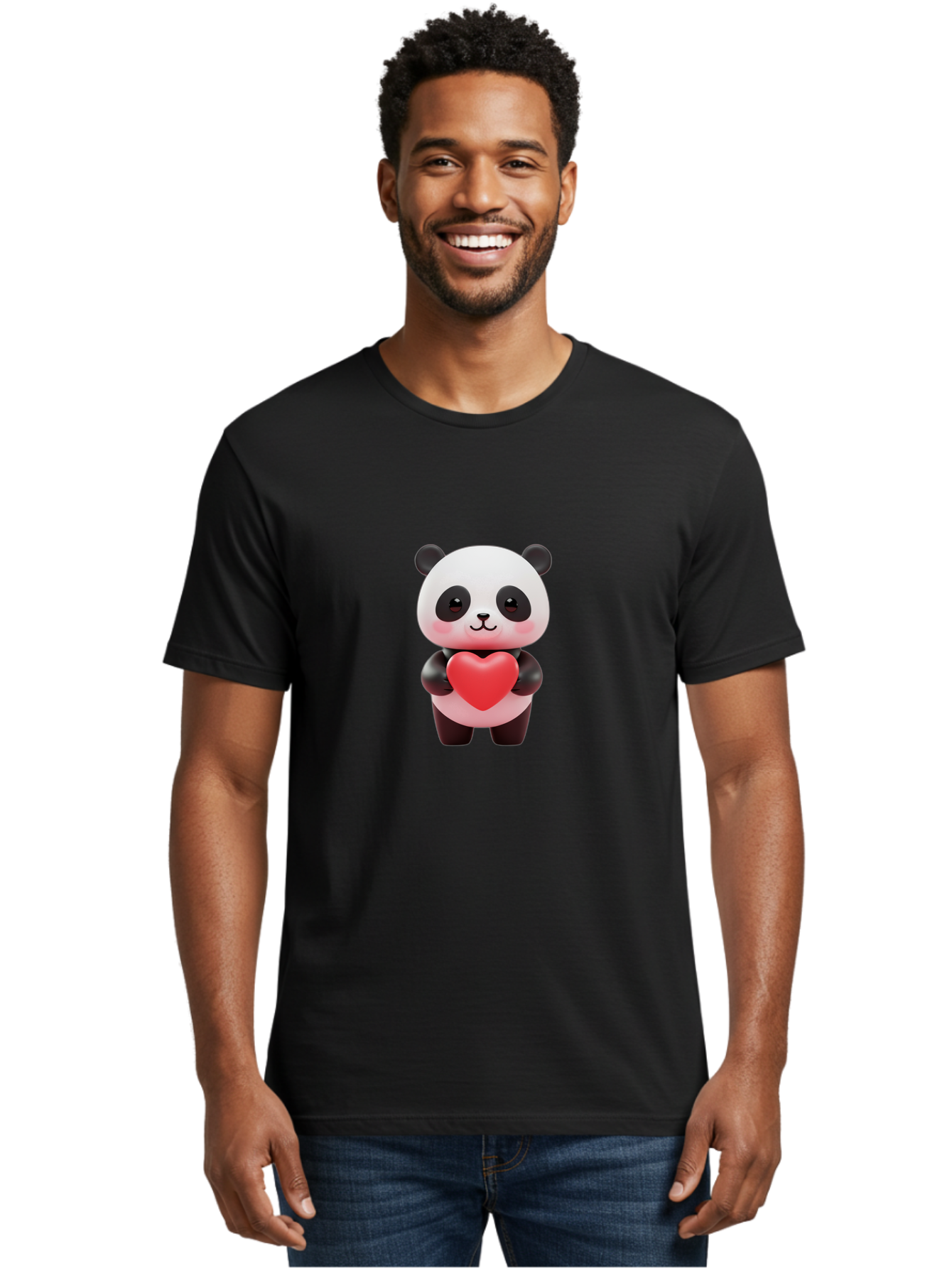 Panda-With-Heart-1 Men'S Graphic Tee, 100% Cotton, Comfortable Casual Summer Wear, Machine Washable, Cartoon Panda, Red Heart, Cute Animal, Love Symbol, Adorable Character, 3D Illustration, Panda Bear, Heart Shape, Love Expression, Kawaii Art Bae619