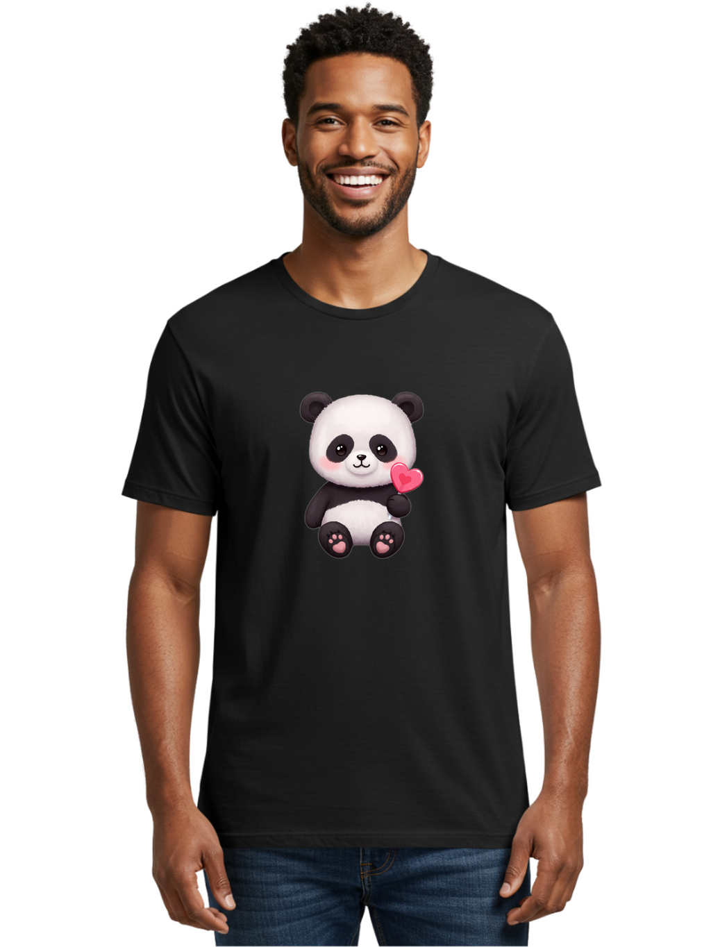 Panda-With-Heart-2 Men'S Graphic Tee, 100% Cotton, Comfortable Casual Summer Wear, Machine Washable, Cute Panda Bear, Holding Heart, Adorable Animal, Cartoon Character, Pink Heart, Love Symbol, Kawaii Illustration, Fuzzy Texture, Bae620