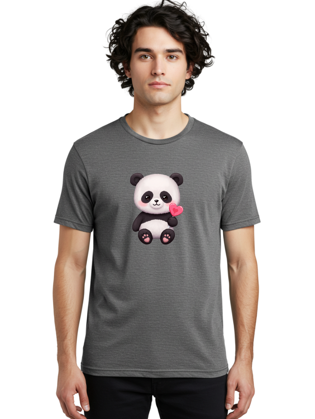 Panda-With-Heart-2 Men'S Graphic Tee, 100% Cotton, Comfortable Casual Summer Wear, Machine Washable, Cute Panda Bear, Holding Heart, Adorable Animal, Cartoon Character, Pink Heart, Love Symbol, Kawaii Illustration, Fuzzy Texture, Bae620