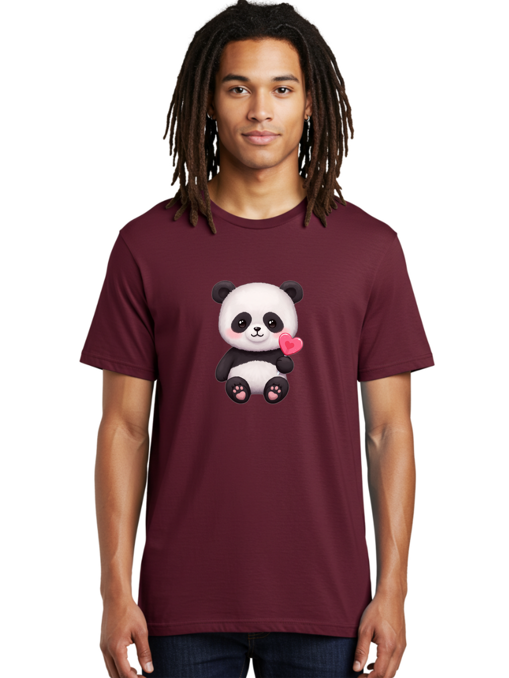 Panda-With-Heart-2 Men'S Graphic Tee, 100% Cotton, Comfortable Casual Summer Wear, Machine Washable, Cute Panda Bear, Holding Heart, Adorable Animal, Cartoon Character, Pink Heart, Love Symbol, Kawaii Illustration, Fuzzy Texture, Bae620
