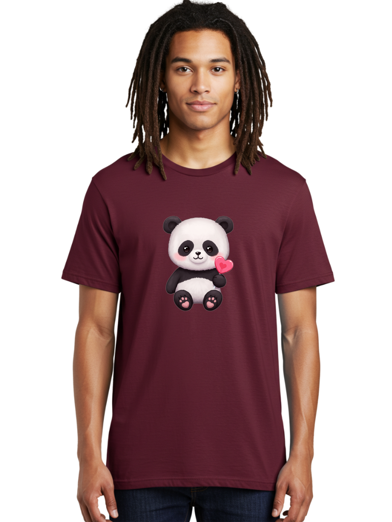 Panda-With-Heart-2 Men'S Graphic Tee, 100% Cotton, Comfortable Casual Summer Wear, Machine Washable, Cute Panda Bear, Holding Heart, Adorable Animal, Cartoon Character, Pink Heart, Love Symbol, Kawaii Illustration, Fuzzy Texture, Bae620