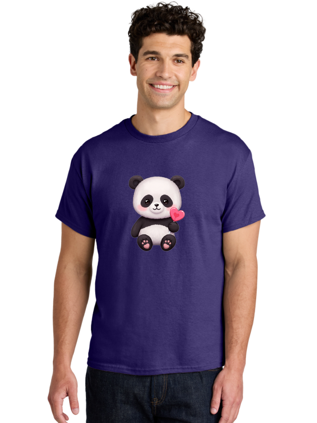 Panda-With-Heart-2 Men'S Graphic Tee, 100% Cotton, Comfortable Casual Summer Wear, Machine Washable, Cute Panda Bear, Holding Heart, Adorable Animal, Cartoon Character, Pink Heart, Love Symbol, Kawaii Illustration, Fuzzy Texture, Bae620