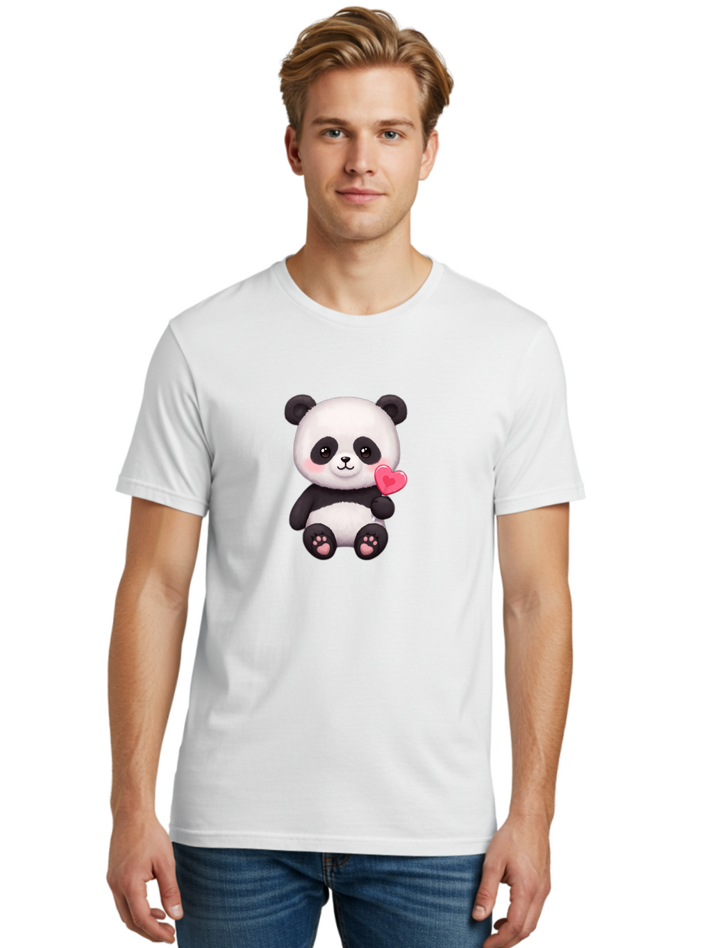 Panda-With-Heart-2 Men'S Graphic Tee, 100% Cotton, Comfortable Casual Summer Wear, Machine Washable, Cute Panda Bear, Holding Heart, Adorable Animal, Cartoon Character, Pink Heart, Love Symbol, Kawaii Illustration, Fuzzy Texture, Bae620