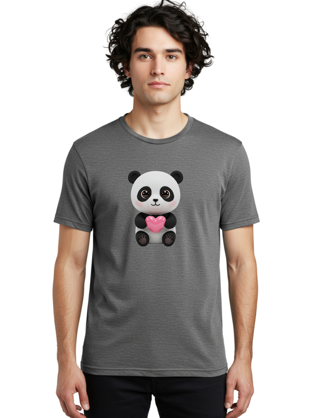 Panda-With-Heart Men'S Graphic Tee, 100% Cotton, Comfortable Casual Summer Wear, Machine Washable, Kawaii Panda Bear, Cute Cartoon Character, Pink Heart Symbol, Adorable Illustration, Love And Affection, Digital Art, Heartwarming Scene, Bae621