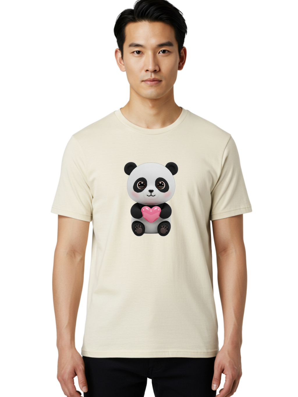 Panda-With-Heart Men'S Graphic Tee, 100% Cotton, Comfortable Casual Summer Wear, Machine Washable, Kawaii Panda Bear, Cute Cartoon Character, Pink Heart Symbol, Adorable Illustration, Love And Affection, Digital Art, Heartwarming Scene, Bae621