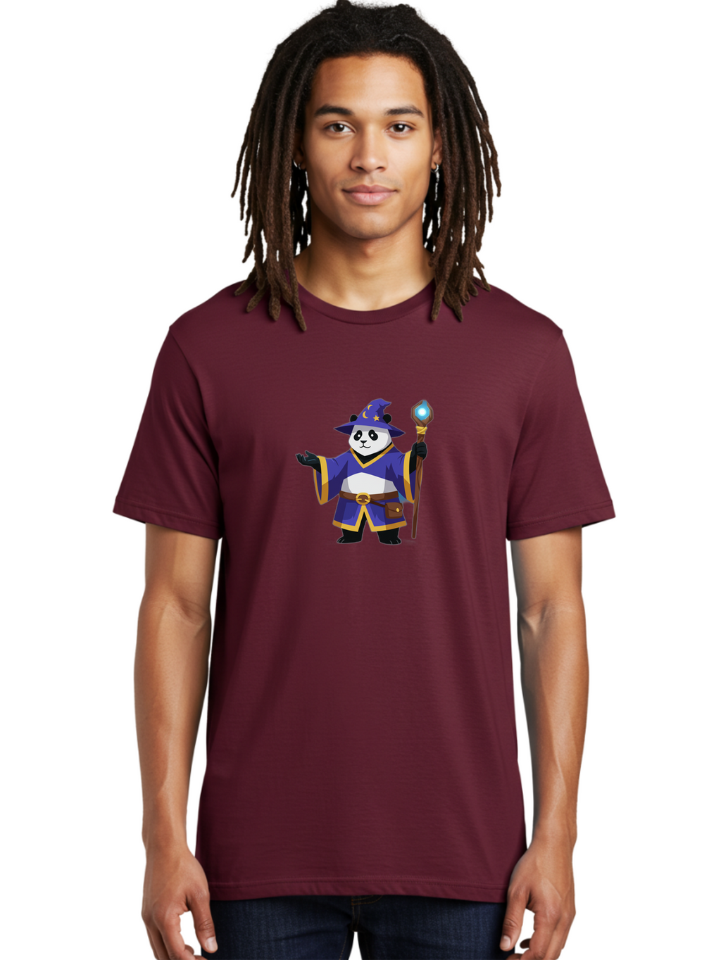 Panda-Wizard-1 Men'S Graphic Tee, 100% Cotton, Comfortable Casual Summer Wear, Machine Washable, Cartoon Panda Wizard, Magical Creature, Fantasy Character, Mystical Staff, Purple Robe, Yellow Trim, Crescent Moon, Stars, Magic Spell, Bae622