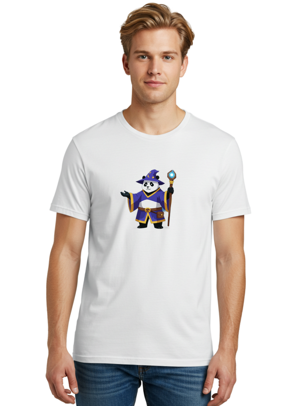 Panda-Wizard-1 Men'S Graphic Tee, 100% Cotton, Comfortable Casual Summer Wear, Machine Washable, Cartoon Panda Wizard, Magical Creature, Fantasy Character, Mystical Staff, Purple Robe, Yellow Trim, Crescent Moon, Stars, Magic Spell, Bae622
