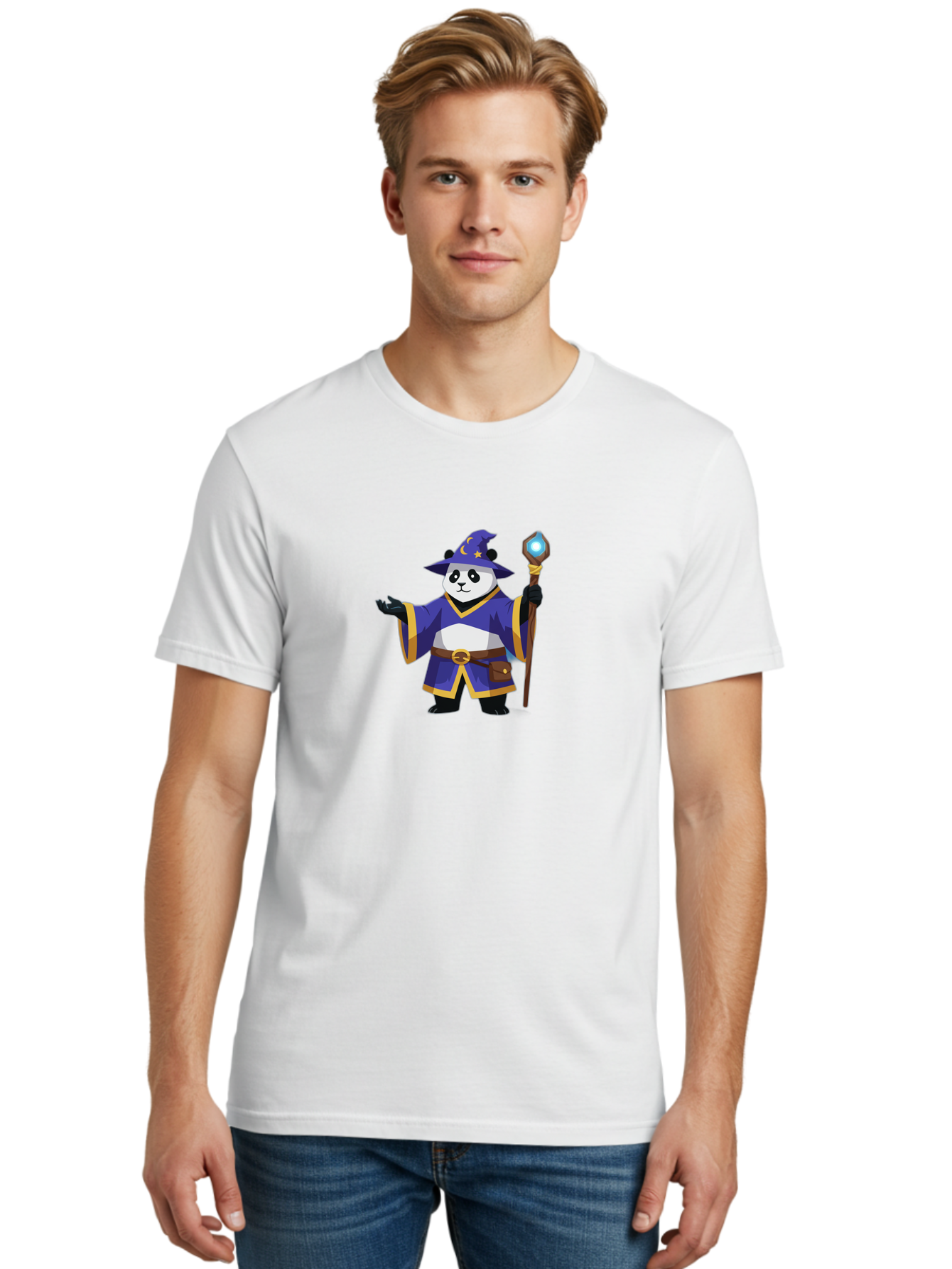 Panda-Wizard-1 Men'S Graphic Tee, 100% Cotton, Comfortable Casual Summer Wear, Machine Washable, Cartoon Panda Wizard, Magical Creature, Fantasy Character, Mystical Staff, Purple Robe, Yellow Trim, Crescent Moon, Stars, Magic Spell, Bae622