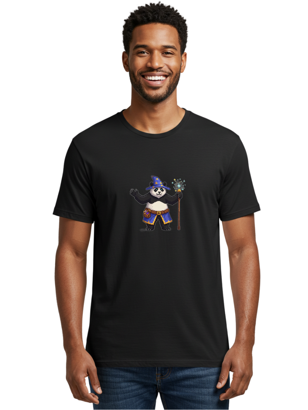 Panda-Wizard-2 Men'S Graphic Tee, 100% Cotton, Comfortable Casual Summer Wear, Machine Washable, Pixel Art, Panda Bear, Wizard Hat, Magic Wand, Fantasy Character, Pixelated Illustration, Cartoon Style, Magical Creature, Blue Robes, Bae623