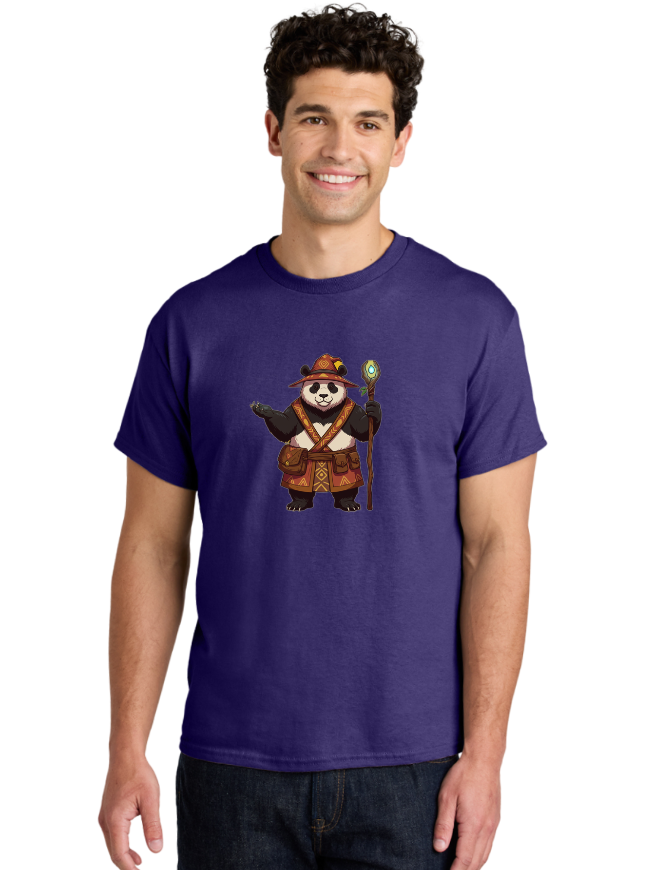 Panda-Wizard-3 Men'S Graphic Tee, 100% Cotton, Comfortable Casual Summer Wear, Machine Washable, Cartoon Panda, Adventurer Outfit, Fantasy Character, Magical Staff, Tribal Patterns, Mystical Powers, Cute Bear, Fantasy Art, Cartoon Character Bae624