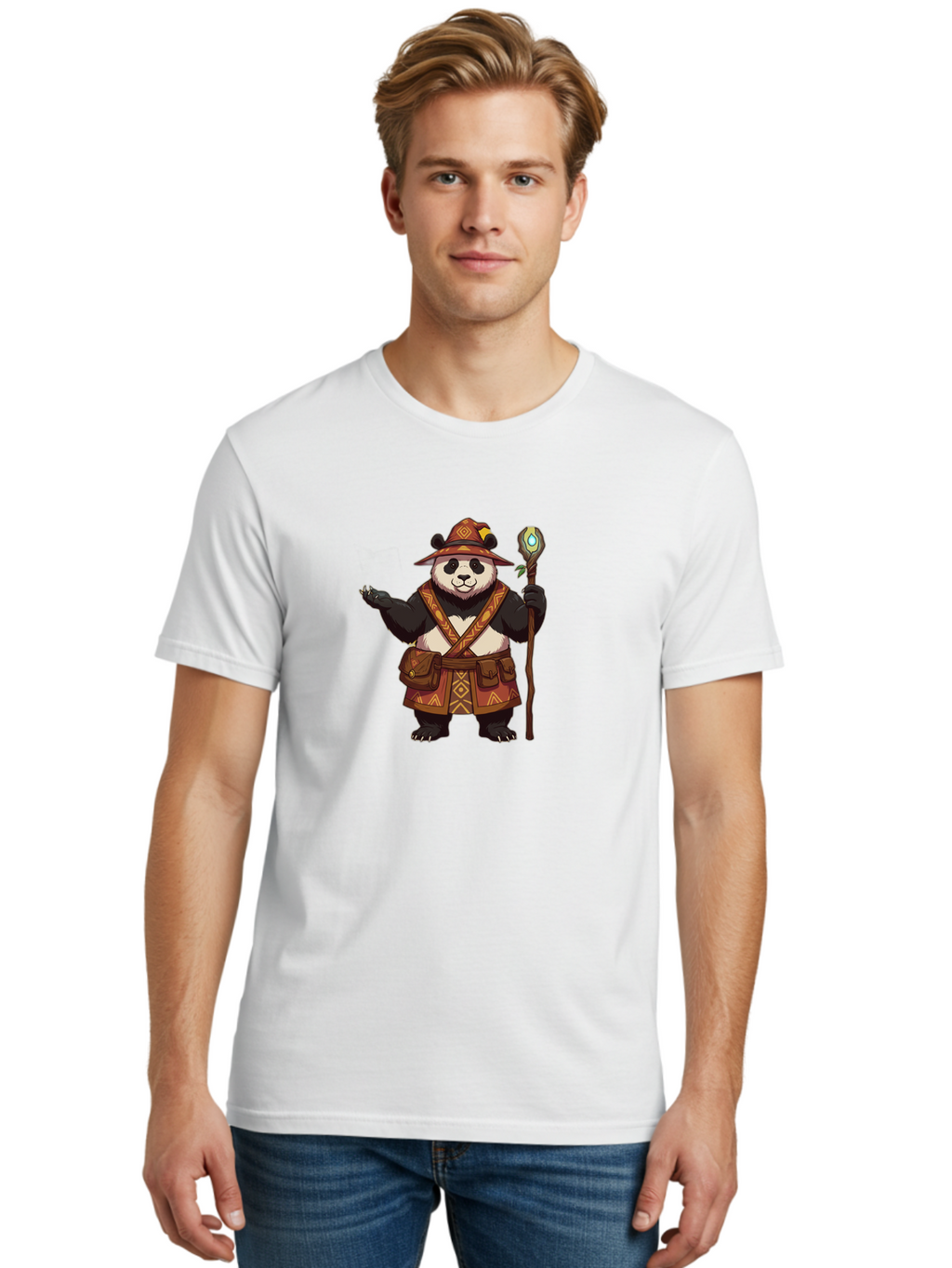 Panda-Wizard-3 Men'S Graphic Tee, 100% Cotton, Comfortable Casual Summer Wear, Machine Washable, Cartoon Panda, Adventurer Outfit, Fantasy Character, Magical Staff, Tribal Patterns, Mystical Powers, Cute Bear, Fantasy Art, Cartoon Character Bae624