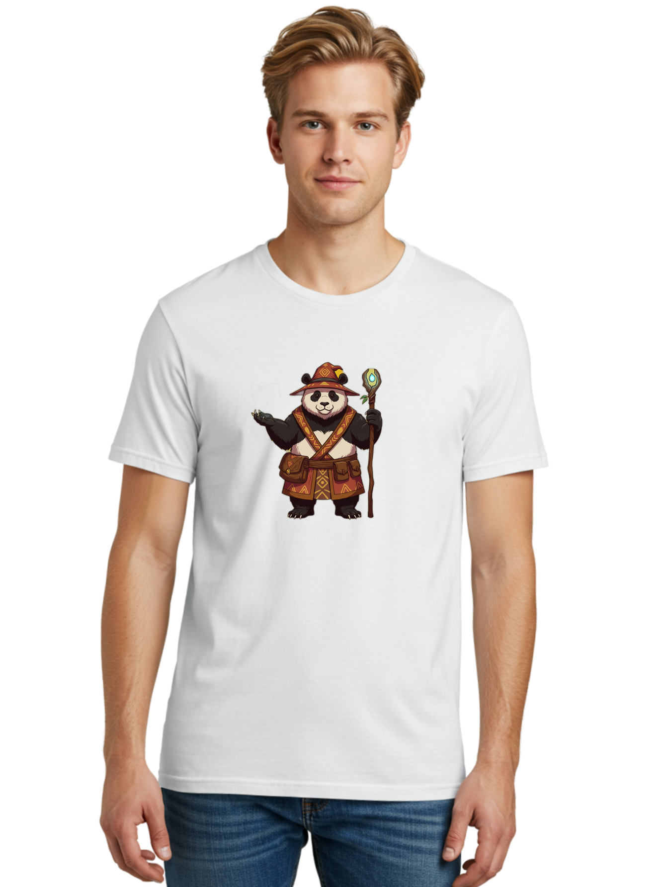 Panda-Wizard-3 Men'S Graphic Tee, 100% Cotton, Comfortable Casual Summer Wear, Machine Washable, Cartoon Panda, Adventurer Outfit, Fantasy Character, Magical Staff, Tribal Patterns, Mystical Powers, Cute Bear, Fantasy Art, Cartoon Character Bae624