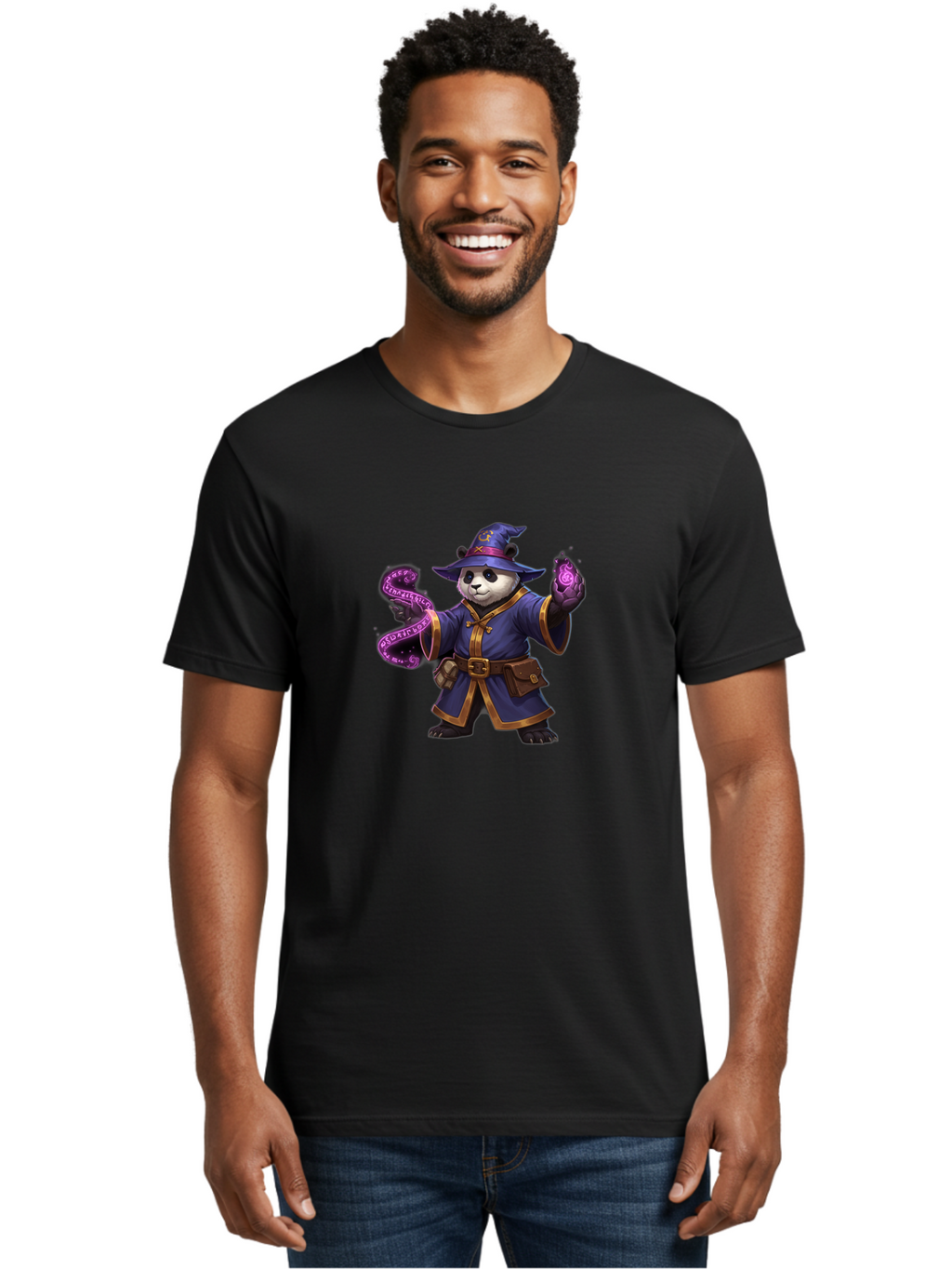 Panda-Wizard Men'S Graphic Tee, 100% Cotton, Comfortable Casual Summer Wear, Machine Washable, Cartoon Panda Wizard, Magic Spell, Mystical Creature, Fantasy Art, Purple Magic, Wizard Robe, Gold Trim, Mystical Symbols, Adorable Panda, Bae625