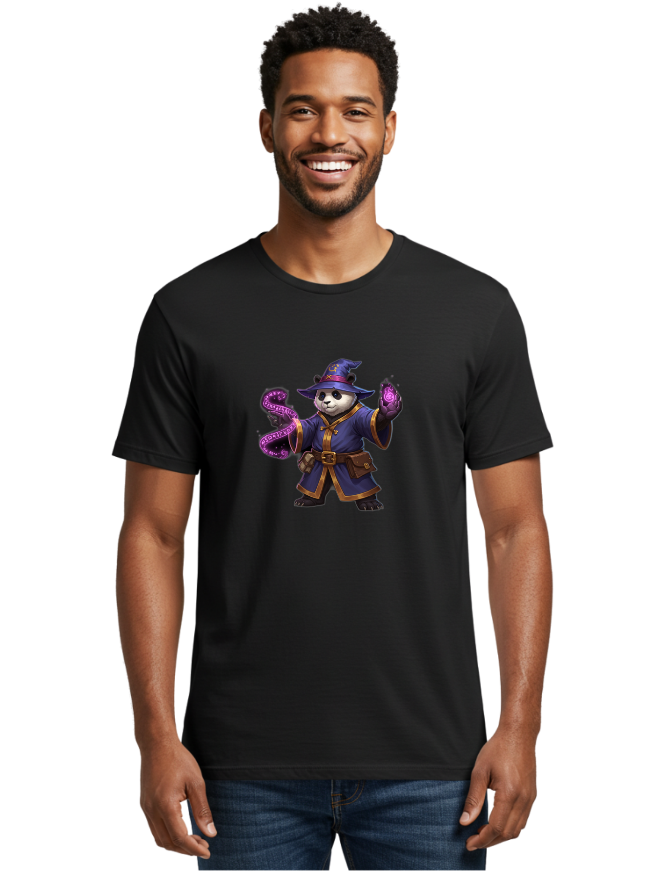 Panda-Wizard Men'S Graphic Tee, 100% Cotton, Comfortable Casual Summer Wear, Machine Washable, Cartoon Panda Wizard, Magic Spell, Mystical Creature, Fantasy Art, Purple Magic, Wizard Robe, Gold Trim, Mystical Symbols, Adorable Panda, Bae625