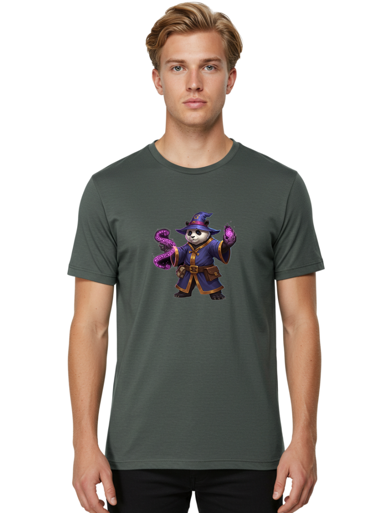 Panda-Wizard Men'S Graphic Tee, 100% Cotton, Comfortable Casual Summer Wear, Machine Washable, Cartoon Panda Wizard, Magic Spell, Mystical Creature, Fantasy Art, Purple Magic, Wizard Robe, Gold Trim, Mystical Symbols, Adorable Panda, Bae625