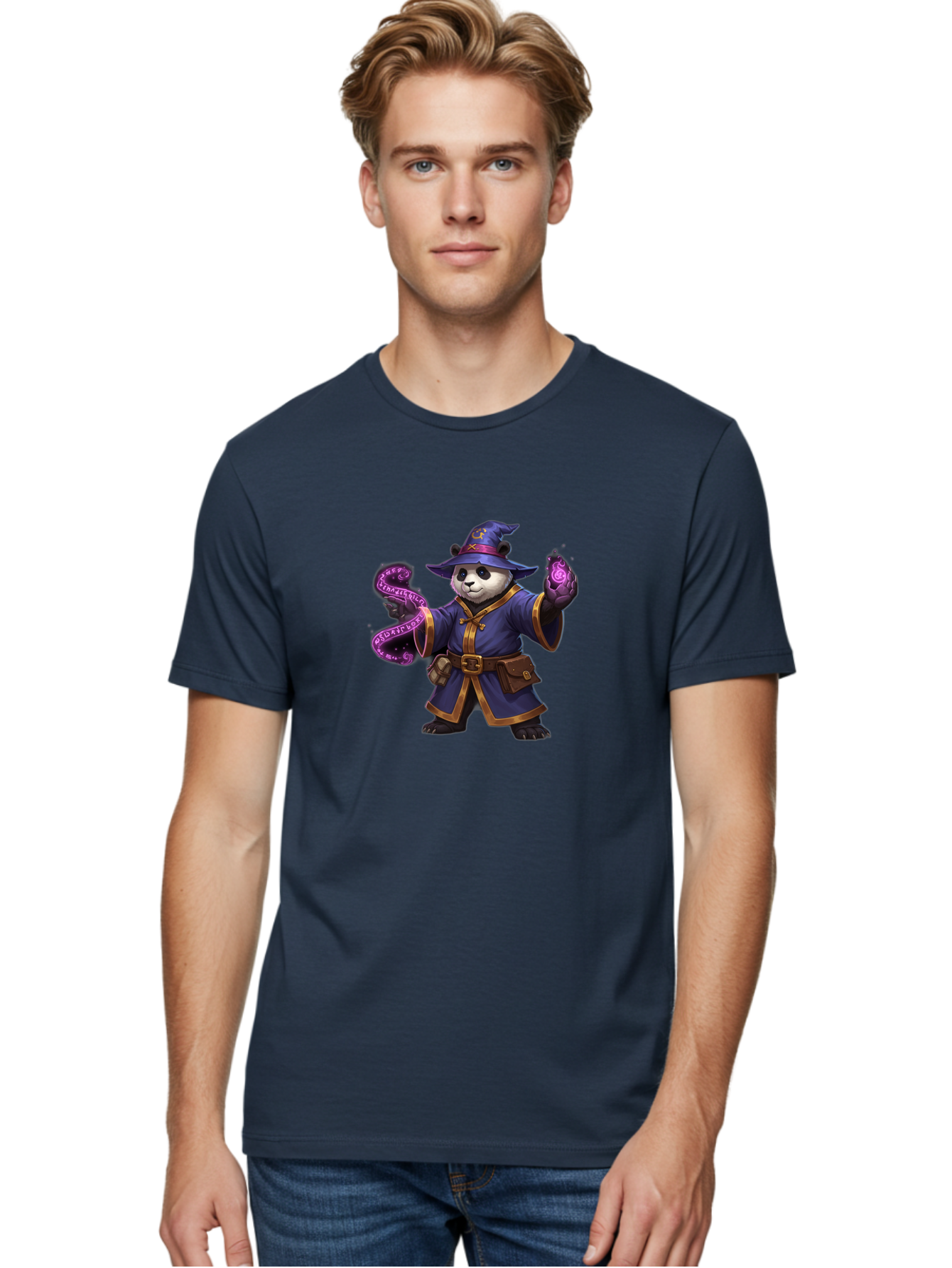 Panda-Wizard Men'S Graphic Tee, 100% Cotton, Comfortable Casual Summer Wear, Machine Washable, Cartoon Panda Wizard, Magic Spell, Mystical Creature, Fantasy Art, Purple Magic, Wizard Robe, Gold Trim, Mystical Symbols, Adorable Panda, Bae625