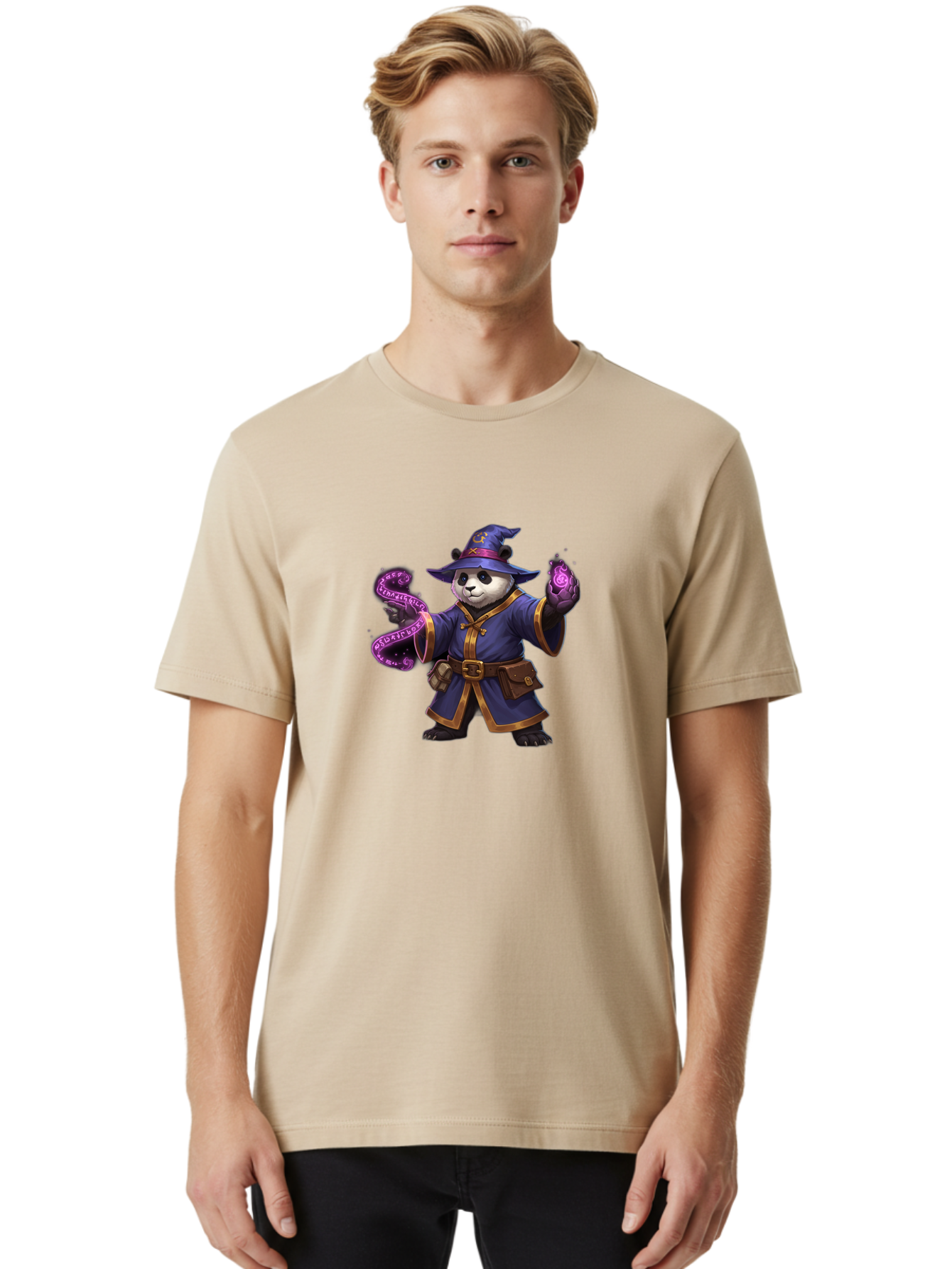 Panda-Wizard Men'S Graphic Tee, 100% Cotton, Comfortable Casual Summer Wear, Machine Washable, Cartoon Panda Wizard, Magic Spell, Mystical Creature, Fantasy Art, Purple Magic, Wizard Robe, Gold Trim, Mystical Symbols, Adorable Panda, Bae625