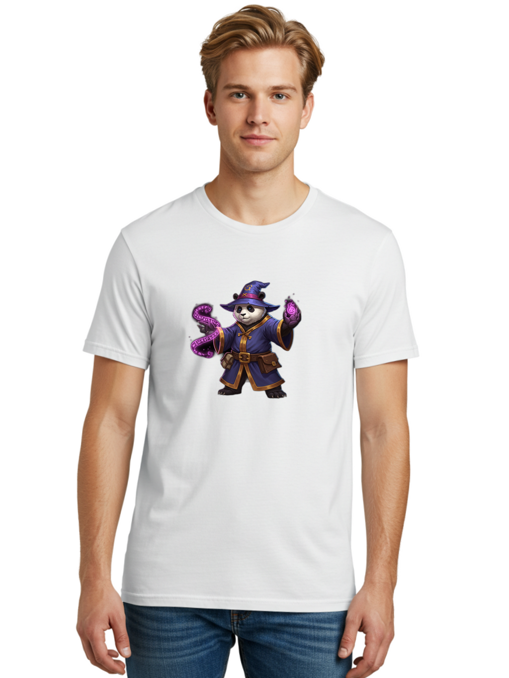 Panda-Wizard Men'S Graphic Tee, 100% Cotton, Comfortable Casual Summer Wear, Machine Washable, Cartoon Panda Wizard, Magic Spell, Mystical Creature, Fantasy Art, Purple Magic, Wizard Robe, Gold Trim, Mystical Symbols, Adorable Panda, Bae625