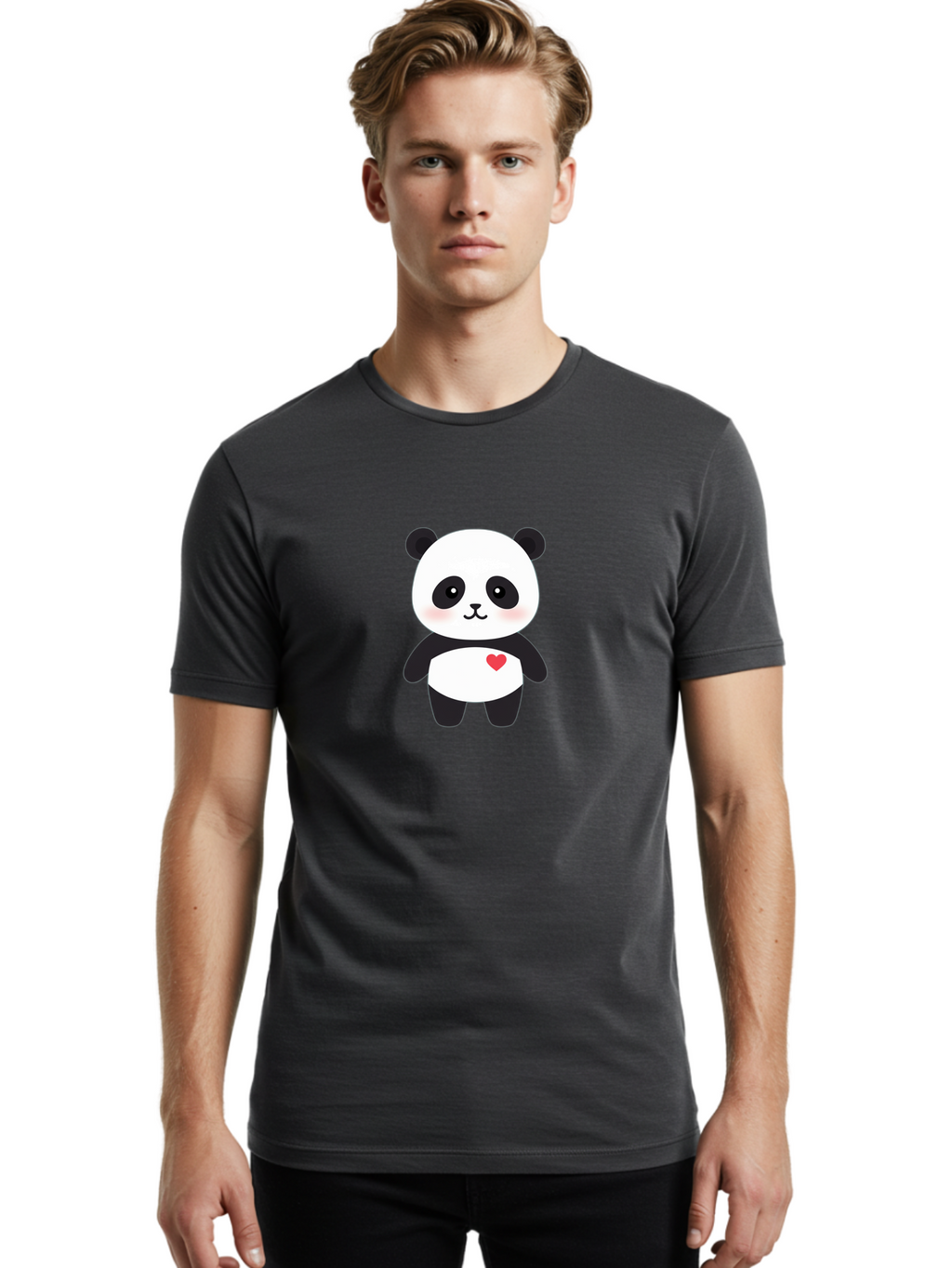 Panda Men'S Graphic Tee, 100% Cotton, Comfortable Casual Summer Wear, Machine Washable, Cute Cartoon Panda, Adorable Illustration, Sweet Panda Bear, Heart On Belly, Kawaii Character, Black And White Panda, Cartoon Love, Sweet Illustration, Bae626
