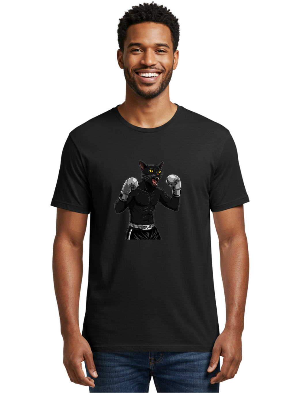 Panther-Boxing Men'S Graphic Tee, 100% Cotton, Comfortable Casual Summer Wear, Machine Washable, Boxing Cat, Muscular Cat, Black Panther, Cat With Boxing Gloves, Fight Mode, Riptide, Feline Boxer, Intense Expression, Cartoon Character Bae627
