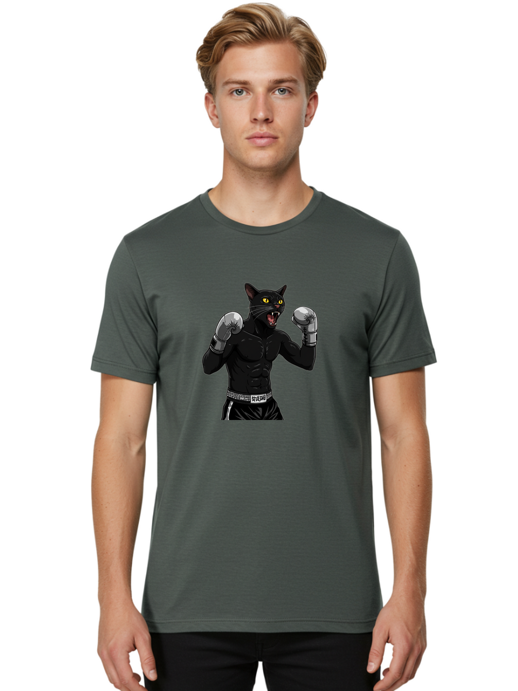 Panther-Boxing Men'S Graphic Tee, 100% Cotton, Comfortable Casual Summer Wear, Machine Washable, Boxing Cat, Muscular Cat, Black Panther, Cat With Boxing Gloves, Fight Mode, Riptide, Feline Boxer, Intense Expression, Cartoon Character Bae627