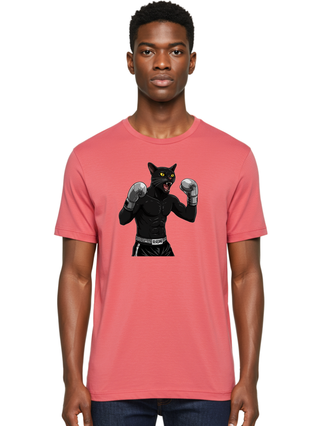 Panther-Boxing Men'S Graphic Tee, 100% Cotton, Comfortable Casual Summer Wear, Machine Washable, Boxing Cat, Muscular Cat, Black Panther, Cat With Boxing Gloves, Fight Mode, Riptide, Feline Boxer, Intense Expression, Cartoon Character Bae627