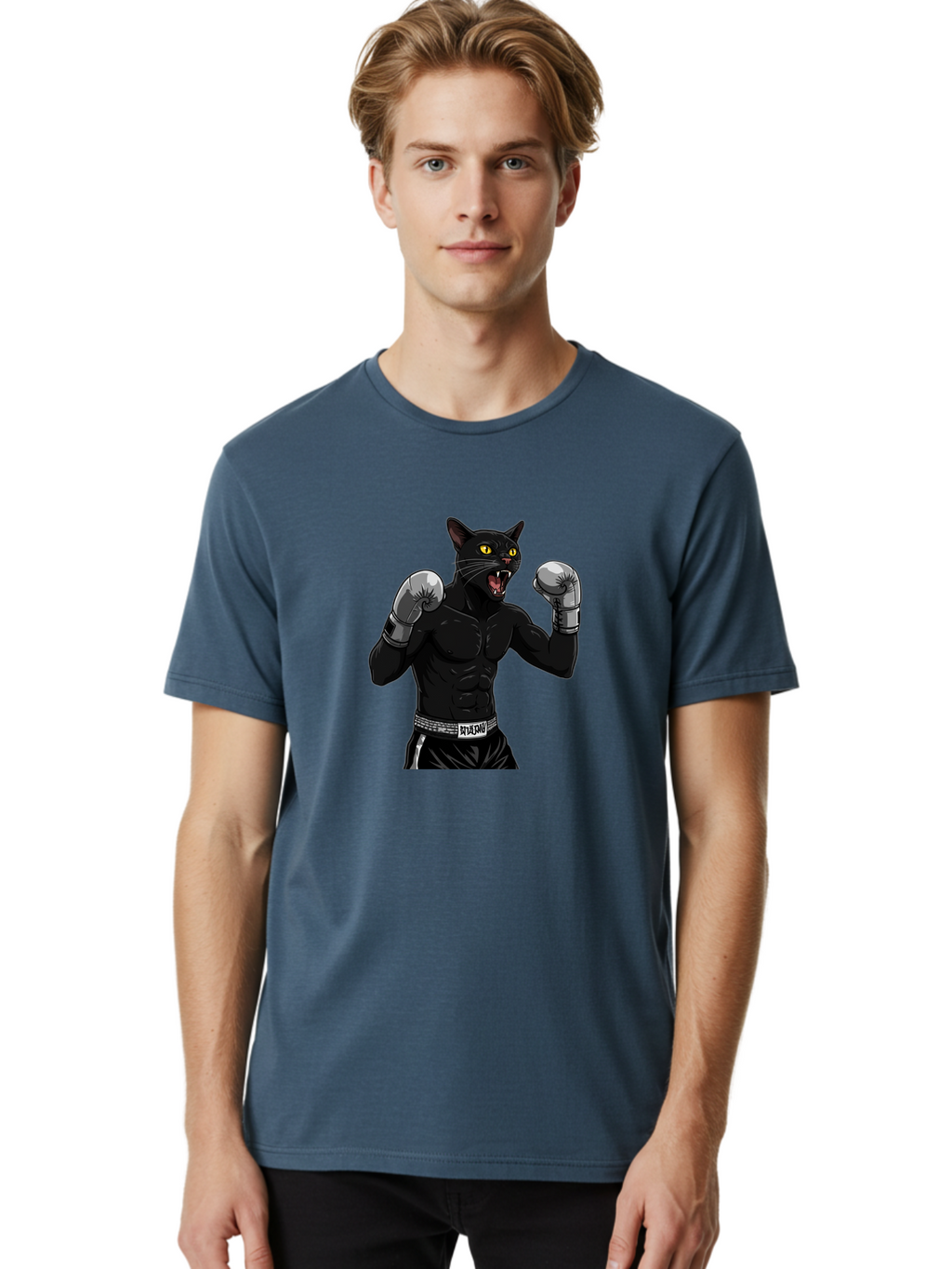 Panther-Boxing Men'S Graphic Tee, 100% Cotton, Comfortable Casual Summer Wear, Machine Washable, Boxing Cat, Muscular Cat, Black Panther, Cat With Boxing Gloves, Fight Mode, Riptide, Feline Boxer, Intense Expression, Cartoon Character Bae627