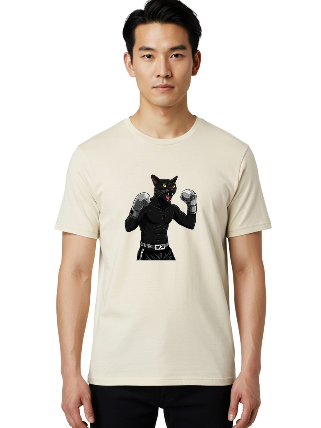 Panther-Boxing Men'S Graphic Tee, 100% Cotton, Comfortable Casual Summer Wear, Machine Washable, Boxing Cat, Muscular Cat, Black Panther, Cat With Boxing Gloves, Fight Mode, Riptide, Feline Boxer, Intense Expression, Cartoon Character Bae627