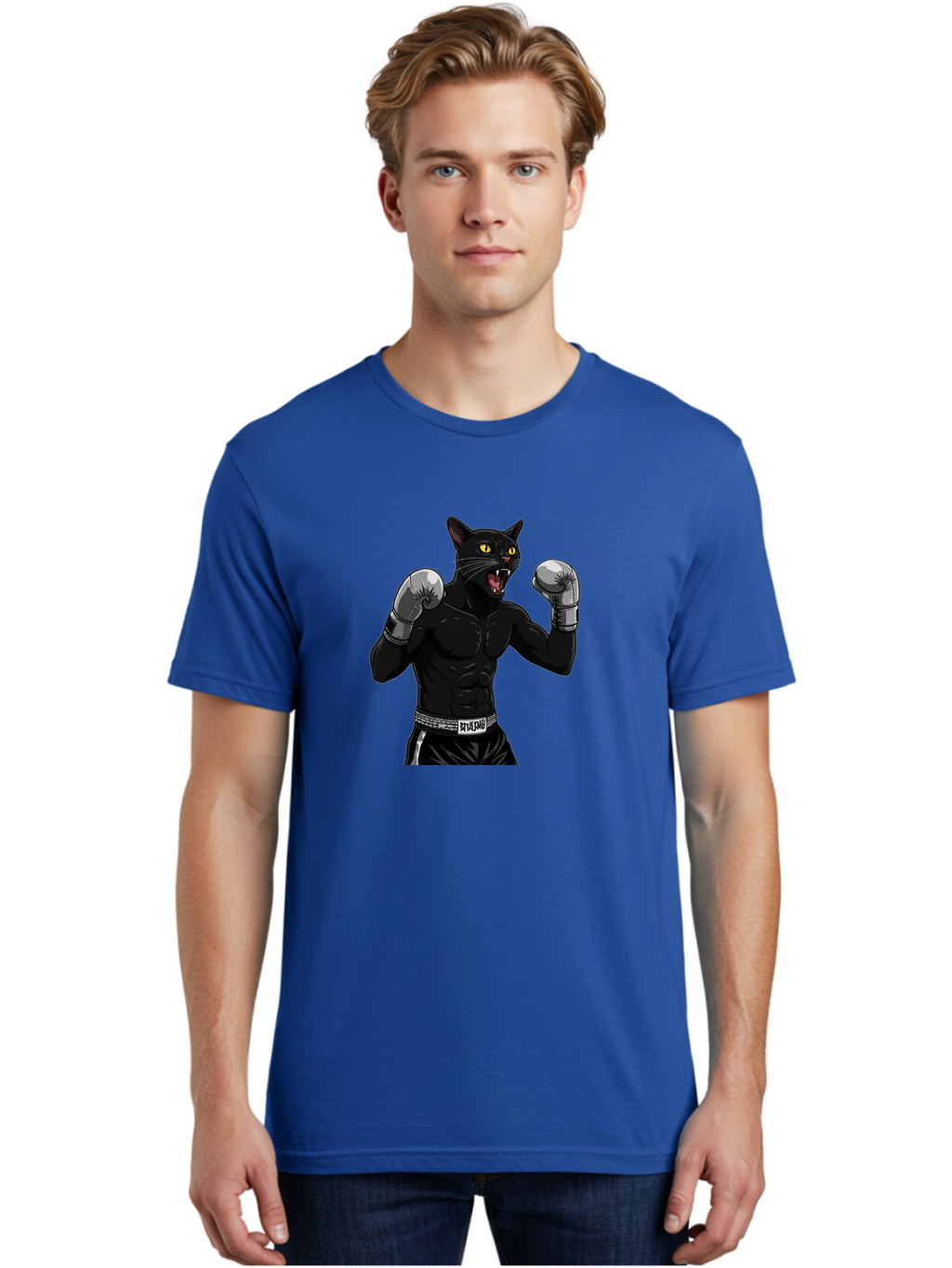 Panther-Boxing Men'S Graphic Tee, 100% Cotton, Comfortable Casual Summer Wear, Machine Washable, Boxing Cat, Muscular Cat, Black Panther, Cat With Boxing Gloves, Fight Mode, Riptide, Feline Boxer, Intense Expression, Cartoon Character Bae627