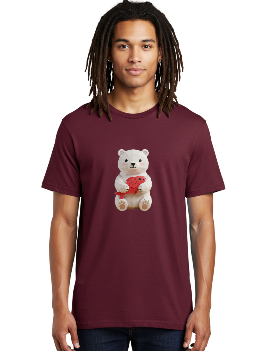 Paper-Polar-Bear Men'S Graphic Tee, 100% Cotton, Comfortable Casual Summer Wear, Machine Washable, White Polar Bear, Cute Cartoon, Red Fish, Kawaii Animals, Playful Illustration, 3D Art, Digital Character, Adorable, Holding Fish Bae629